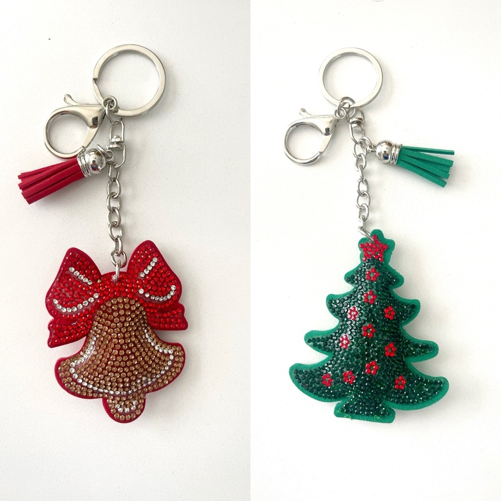 Keychain Set!  Rhinestone Festival Bell and Christmas Tree New